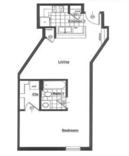 Floor plan for 1 bed, 1 bath, 675 sqft